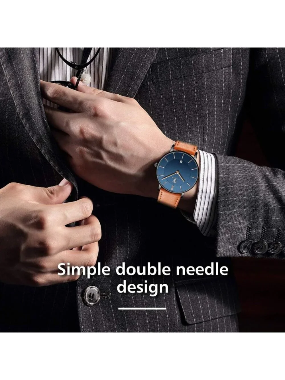 Men's Orange Blue Leather Strap Analog Minimalist Fashion Simple Wrist Watch